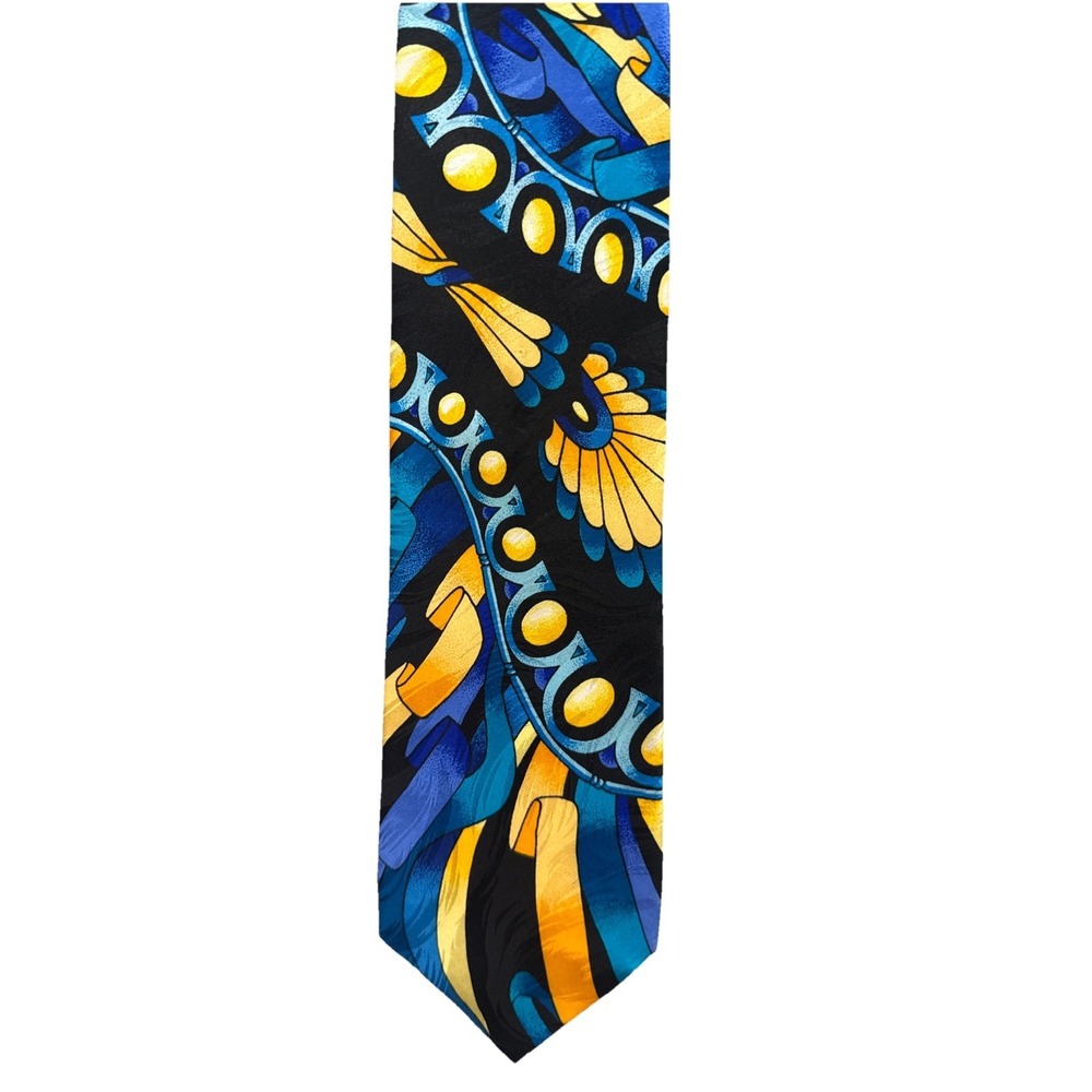 VTG Rush Limbaugh Tie Necktie Silk USA Blue Gold Abstract Art To Wear Hand Sewn